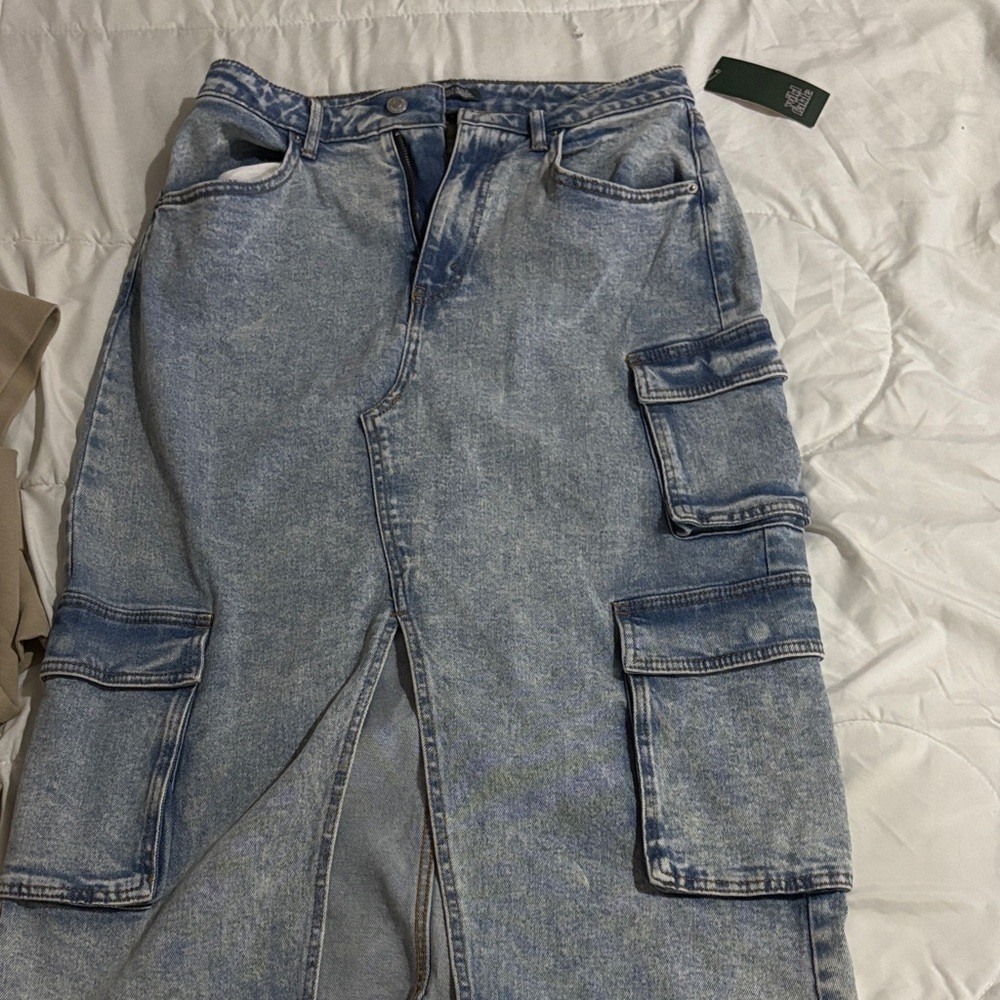 VIRAL Wild Fable Light Blue Cargo Denim Midi Skirt